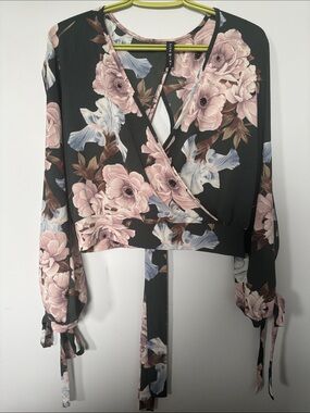 Romantic Lush Black Floral Wrap Blouse with Pink Blossoms by